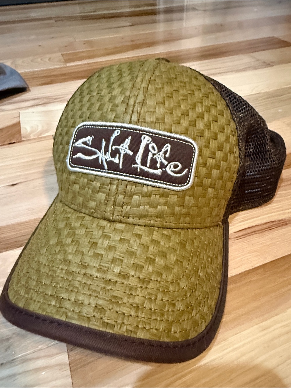 Salt Life Olive Green Woven Trucker Hat with Brown Mesh Trim